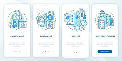 Land management practice blue onboarding mobile app screen. Walkthrough 4 steps graphic instructions pages with linear concepts. UI, UX, GUI template. vector