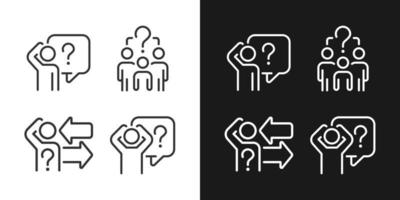 Asking and answering equations linear icons set for dark, light mode. Sharing information. Social communication. Thin line symbols for night, day theme. Isolated illustrations. Editable stroke