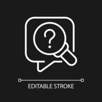 Research question white linear icon for dark theme. Looking for information. Question mark and magnifier glass. Thin line illustration. Isolated symbol for night mode. Editable stroke. vector