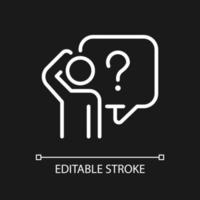 Bewildered person white linear icon for dark theme. Man having question. Searching information source. Thin line illustration. Isolated symbol for night mode. Editable stroke. vector