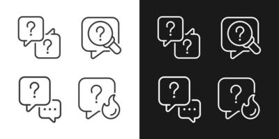 Question marks and speech bubbles linear icons set for dark, light mode. Answers and information storage. Thin line symbols for night, day theme. Isolated illustrations. Editable stroke