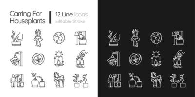 Caring for houseplants linear icons set for dark, light mode. Correct watering and light. Thin line symbols for night, day theme. Isolated illustrations. Editable stroke. vector