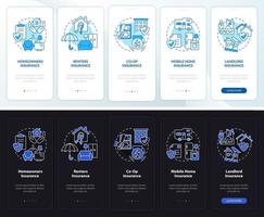 Property insurance night and day mode onboarding mobile app screen. Walkthrough 5 steps graphic instructions pages with linear concepts. UI, UX, GUI template. vector