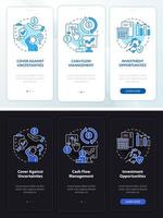 Benefits of insurance night and day mode onboarding mobile app screen. Walkthrough 3 steps graphic instructions pages with linear concepts. UI, UX, GUI template. vector