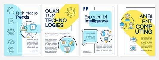 Technology trends blue and yellow brochure template. Tech development. Leaflet design with linear icons. 4 vector layouts for presentation, annual reports.