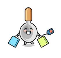 dibujos animados de mascota de cuchara de cocina sosteniendo una bolsa de compras vector