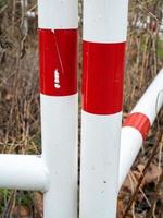 White and red fence in the forest captured in autumn photo