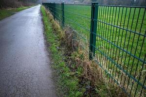 Fence between meadow and path photo