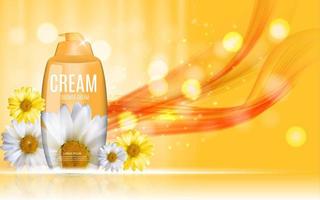 Shower Gel, Cream Bottle with Flowers Chamomile Template for Ads, Announcement Sale, Promotion New Product or Magazine Background. 3D Realistic Vector Iillustration