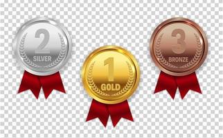 Champion Gold, Silver and Bronze Medal with Red Ribbon Icon Sign First, Secondand Third Place Collection Set Isolated on Transparent Background. Vector Illustration