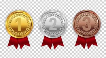 Champion Gold, Silver and Bronze Medal with Red Ribbon Icon Sign First, Secondand Third Place Collection Set Isolated on Transparent Background. Vector Illustration