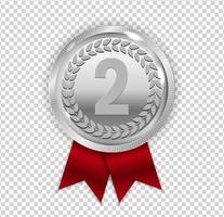 Champion Art Silver Medal with Red Ribbon Icon Sign Second Place Isolated on Transparent Background. Vector Illustration