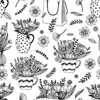 Flowers in a cup, jug, bag, seamless line art style vector pattern. Seamless hand draw vector pattern. Background with line art style flowers seamless. Spring and summer vector seamless pattern.