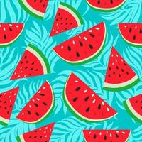 Watermelons with black and white seeds on palm dypsis leaves background. Seamless watermelons pattern. Background with red sweet watermelon slices. Cute seamless pattern with watermelons. vector