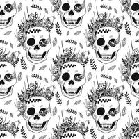 cráneos y plantas con flores vector de patrones sin fisuras.