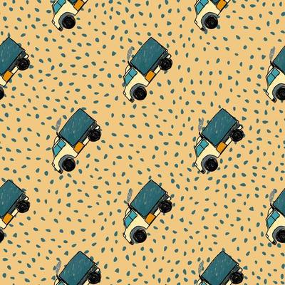 Cute truck car seamless pattern. Kids hand drawn automobile background. Transport wallpaper.