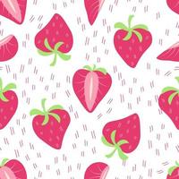 Seamless pattern Strawberry with half berry, stripes. Pink color. Vector background. Clothes print. Sweet fruits. Kids backdrop