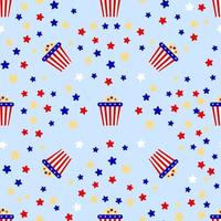 Seamless pattern with box of popcorn  Red blue white.  Patriotic backdrop. Vector background for wrapping paper, wallpaper, fabric clothes textile. Independence day concept.