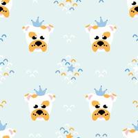 Seamless dog pattern with decor elements. Muzzle of pet with crown. Vector kids background. Nursery baby concept. Template for children linens, fabric texture print, wallpaper, wrappung paper