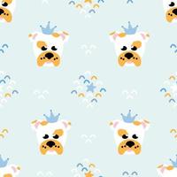 Seamless dog pattern with decor elements. Muzzle of pet with crown. Vector kids background. Nursery baby concept. Template for children linens, fabric texture print, wallpaper, wrappung paper