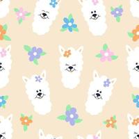 Seamless pattern with different doggy muzzles and colorful flowers. Template of wrapping paper, wallpaper, linens, fabric textile. Vector kids backghround