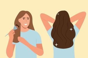 How to dye your hair at home guide. Hair coloring process. Beauty procedure. Apply color creme on hair with brush. Before and after. Vector illustration