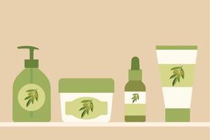 Hair care product.A set of tubes and bottles of cosmetics for hair.Soap pump bottle. Olive gel, balm, conditioner, mask, oil . Vector illustration