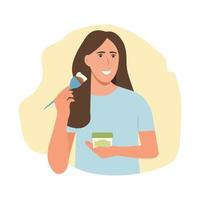 Beautiful girl  applying  hair mask, doing home spa procedure.Woman take care about her hair.Vector illustration vector