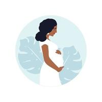 Happy pregnant african american woman holds her belly. Pregnancy concept. Vector illustration.