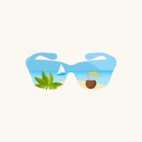 Creative landscape background, sea and beach panorama on sunglasses.Summer time. Vector illustration