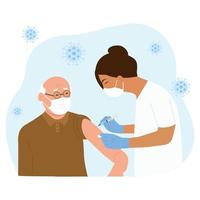 Vaccine elderly.  Doctor holds an injection vaccination senior, old man.  Vaccination concept. Vector illustration.
