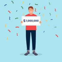 Happy man standing with check for one million dollars in hands. Bib win lottery,winner.Money and business, finance success rich, lottery and award, vector illustration