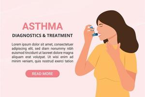 Asthma diagnostics and treatment banner with Woman uses an asthma inhaler against attack. World asthma day. Allergy,Bronchial asthma. Vector  illustration