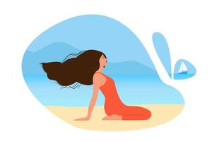 Happy woman sitting on the beach and meditating. Young girl doing morning stretching. Smiling female character enjoying her freedom and life. Wellbeing, wellness mind. Positive body. vector