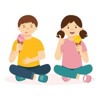 Cute kids eating an ice cream. Children  sitting and holding ice cream cone in his hand. Vector illustration isolated