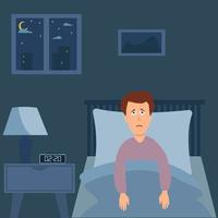 hombre sin dormir que sufre de insomnio. niño con los ojos abiertos en la oscuridad de la noche acostado en la cama.concepto de ilustración vectorial. el hombre intenta dormir debajo de la manta. ilustración de vector de estilo de dibujos animados plana.