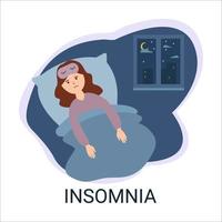 Girl suffers from insomnia lying in bed on bedroom background at night. Woman insomnia.Flat cartoon style vector illustration.