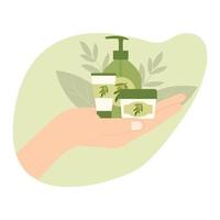 Woman hand holds different organic olive cosmetics. Various bottles and tubes of eco-friendly beauty products. Skin,hand, face,hair care. Creams and lotions.  Vector illustration