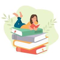 Girl lies on on stack of big books with open book in her hands.Literature fan.  Concept illustration of earning, distance studying and self education. Young woman study in library, literary club