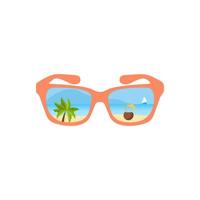 Vector sun glasses with tropical beach reflection illustration.Summer sunglasses, sea, paradise, sunset, mountains, sailboat, cocktail.