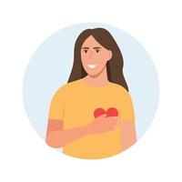 Woman has friendly expression and keeps hand on heart. Girl expresses love, thankful feelings. Love and relationships concept.Vector cartoon style vector