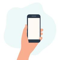 Human hand holding a smartphone.Phone with white empty screen  in flat style isolated. vector
