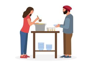 Volunteer feeds poor homeless person. Help and support. Generous girl giving food to beggars on street. Woman with a soup in the pot.  Voluntary altruistic activity.Isolated vector flat illustration