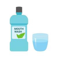 A bottle of mouthwash and a glass. Mint liquid for rinsing the mouth. Dental and oral care. Vector illustration in flat style isolated on a white background.