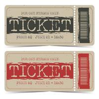 Ticket template design with detachable or tear-off part and bar code. Event entrance coupon with text, price date and time on kraft paper background. Vector illustration in flat style.