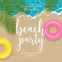 Vector illustration of beach party banner, poster or invite card template with waves rolling on the seashore, tropical tree palm leaves and swimming rings. Suitable for web posts and advertisement.