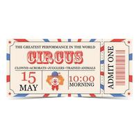 Circus ticket template design in red, blue and beige colors with clown, date, time, detachable or tear-off part and bar code. Vector illustration of circus show entrance coupon in retro vintage style.