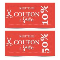 Scissors cutting the discount coupon or ticket with white text on red background and rebate percentage indicated on the side. Keep this coupon and save money. Vector illustration in flat style.