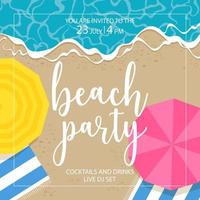Beach party banner with blue ocean or sea waves rolling on the seashore and umbrellas with towels laid out on the sand. Exotic tropical holiday invitation for summer events on the seaside.