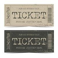 Shabby ticket design template in grunge style. Retro vintage event entrance ticket or coupon on kraft paper or black background with bar code, number, price, date and time. Vector illustration.
